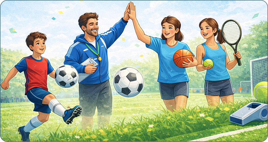 Illustratie van een trainer, jonge voetballer, vrouw met basketbal en tennisspeelster op sportveld — symboliseert diversiteit en gemeenschap