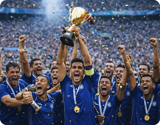 Team viert met gouden trofee en confetti — sterke resultaten dit seizoen