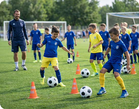 Jonge voetballers oefenen met trainer op veld met kegels — groeiende jeugdafdeling